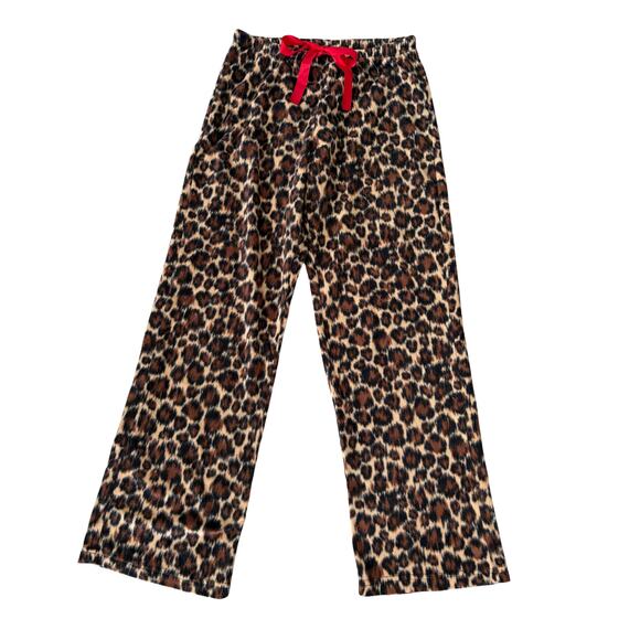 Leopard Print Fleece Lounge Pants Red Bow Cozy Holiday Glam Mob Wife Style S - Picture 1 of 6